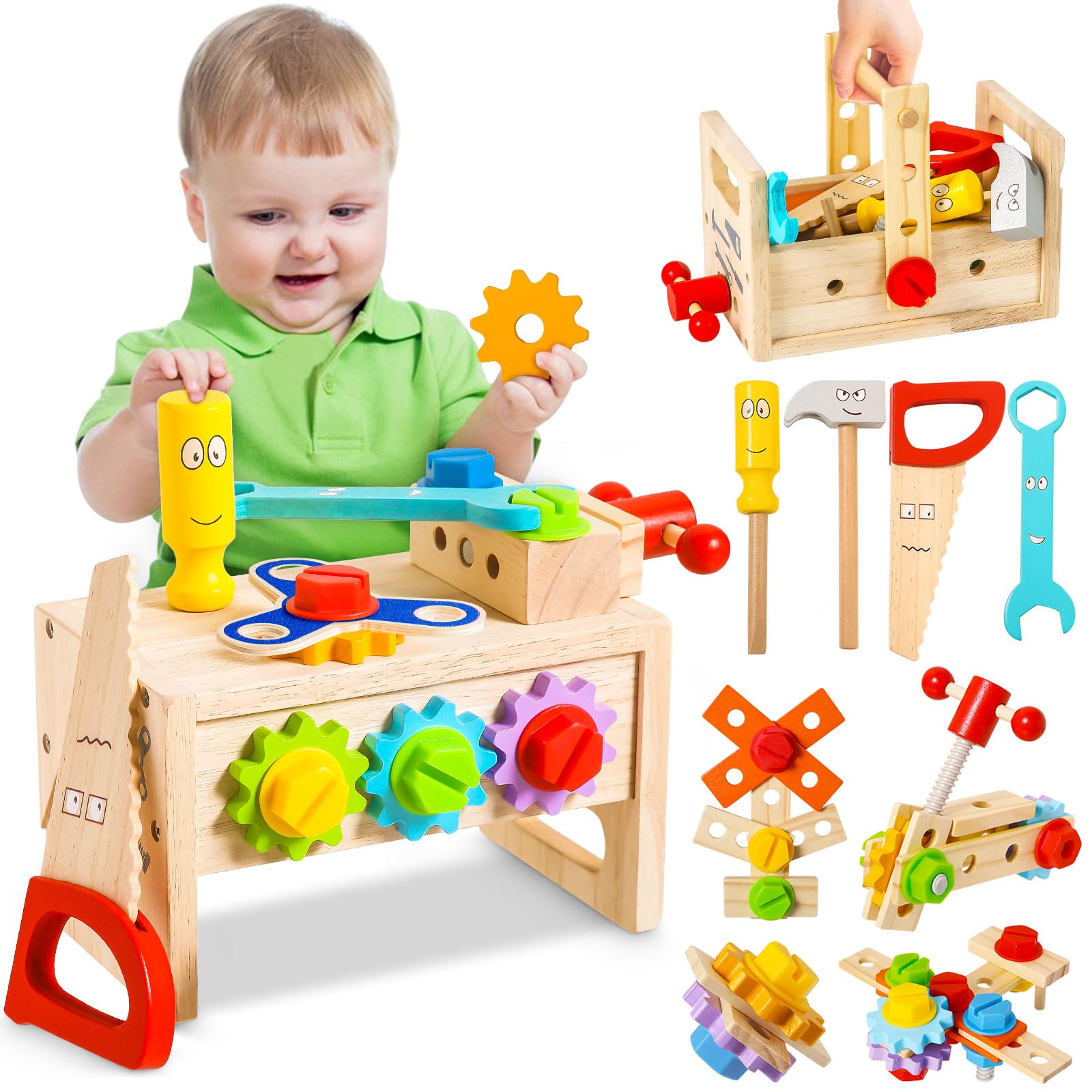 Wooden Kids Tool Set Toy for 2 3 4 5 Years Old Boy Girl 36 Pcs Stem Montessori Toy for Kid 1-3 2-4 Pretend Play Toddler Toys Inc Box Learning Educational Construction Toy Birthday Gift for Kids